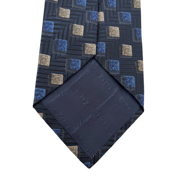Ermenegildo Zegna Tie Mens Blue Tan Square Geometric Silk Luxury Business - Picture 4 of 11